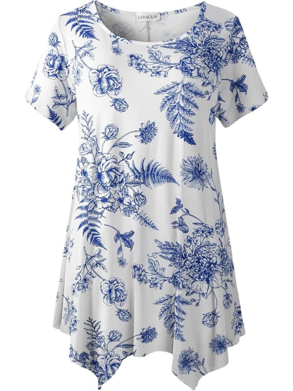 〽️ Women Blue White Short Sleeve Asymmetrical Tunic Casual Summer Blouse Top